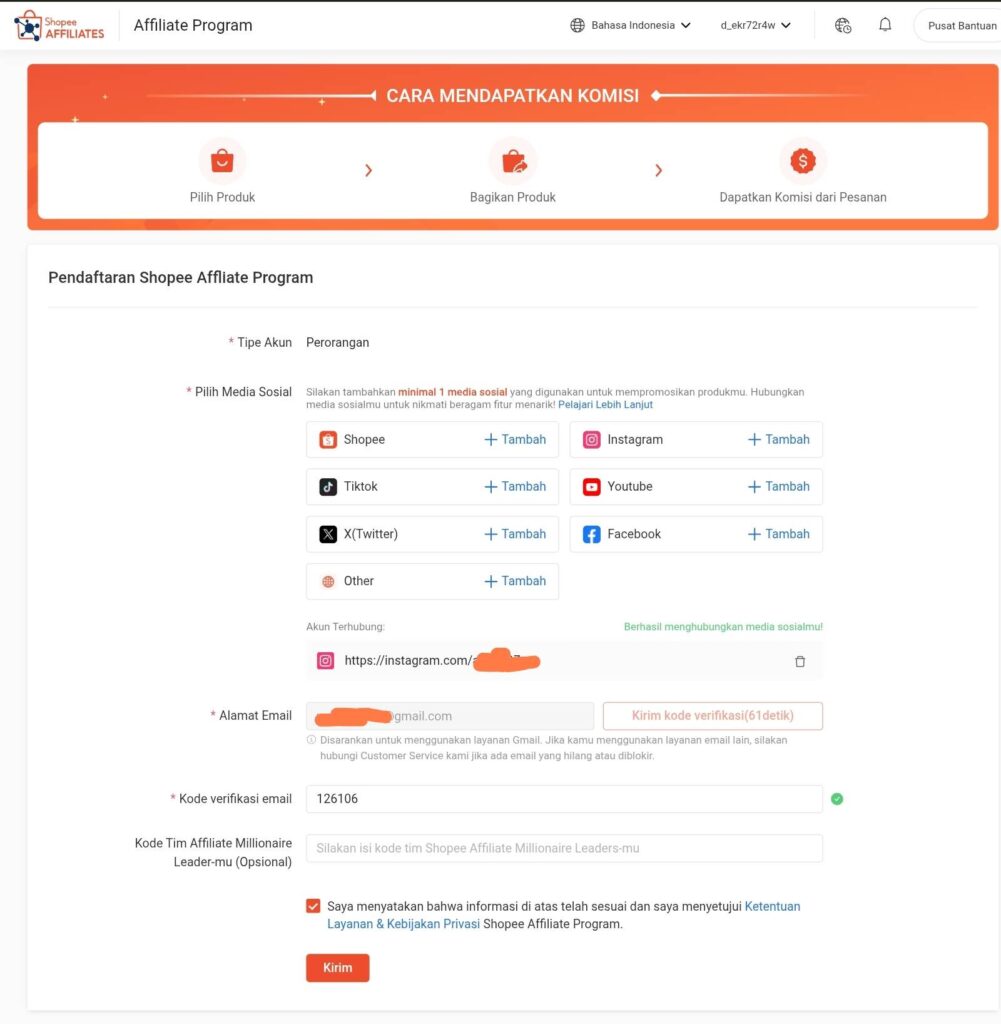 Langkah daftar Shopee Affiliate